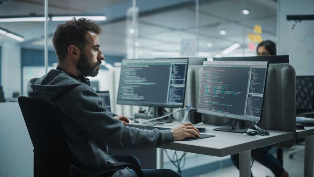 Diverse Office: IT Programmer Working on Desktop Computer